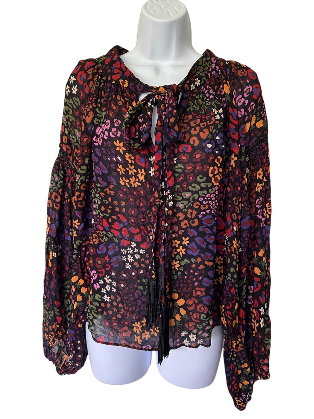 Farm Rio Floral Animal Print Blouse Balloon Sleeve $198.  Fringe Tie Neck M - Picture 2 of 8